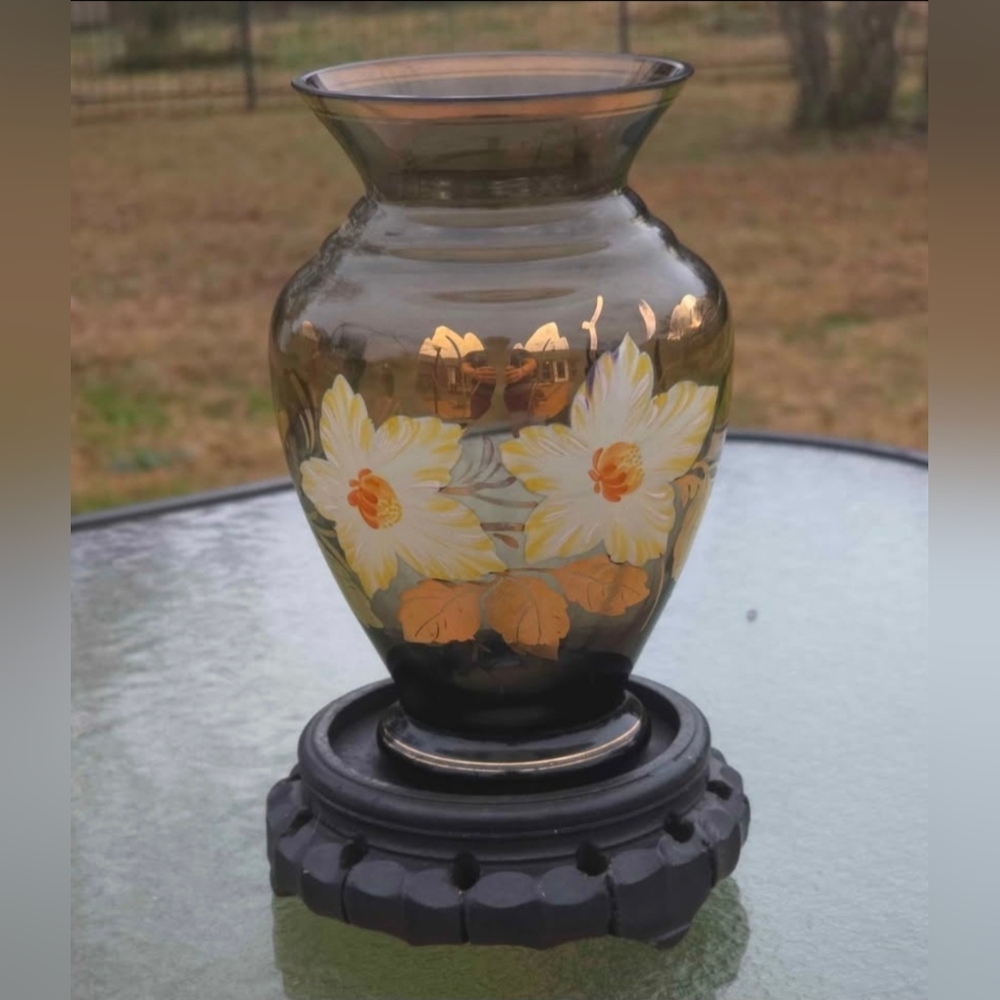 Vintage Smoked Art Glass Vase with Hand-Painted White & Gold Floral Motif